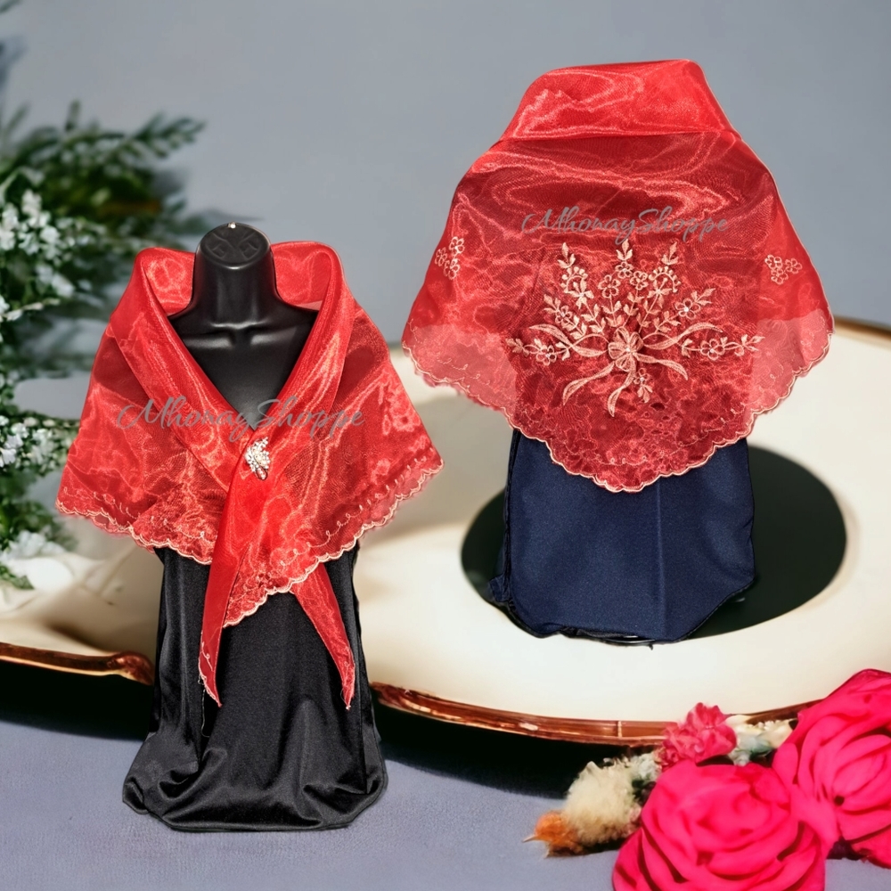 Red-Modern Embroidered Filipiniana Alampay – Handmade Organza Scarf